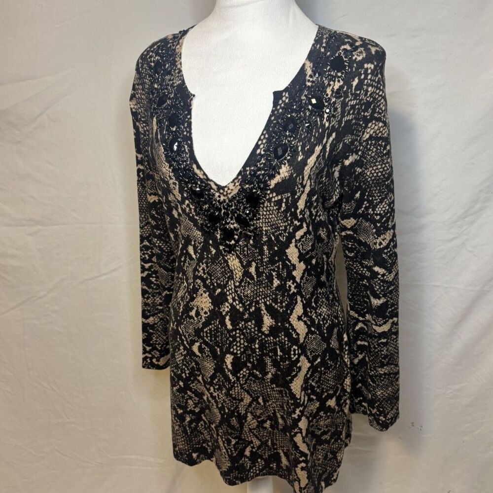 INC International Concepts Snake Print V Neck Sweater Dress Blouse Long Sleeve